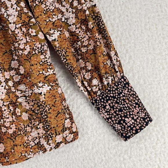 Hinge Brown Floral Mix Print Shirt Womens Prairie Chic High Neck Size XS - Picture 5 of 13